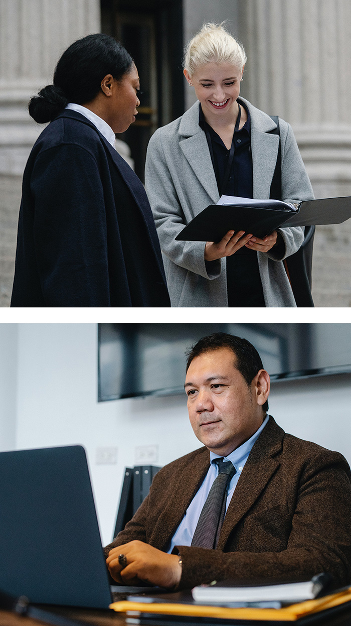 A collage of images showing professional court interpreters working.