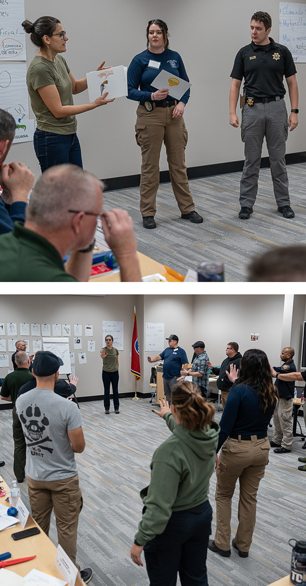 A collage showing a woman teaching Spanish to law enforcement officers in a large classroom.