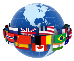 globe with word flags around equator to symbolize professional development for linguists