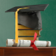 black graduation hat with gold tassel resting on several thick books with rolled up diploma in front