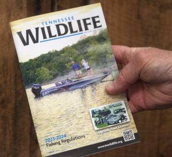 hand holding a booklet with a boat and someone fishing featured on the cover